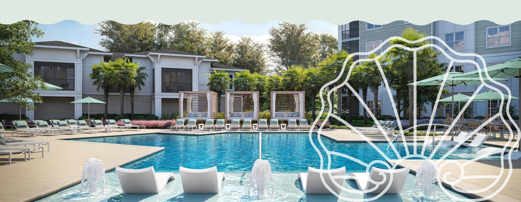 a pool with poolside lounge chairs